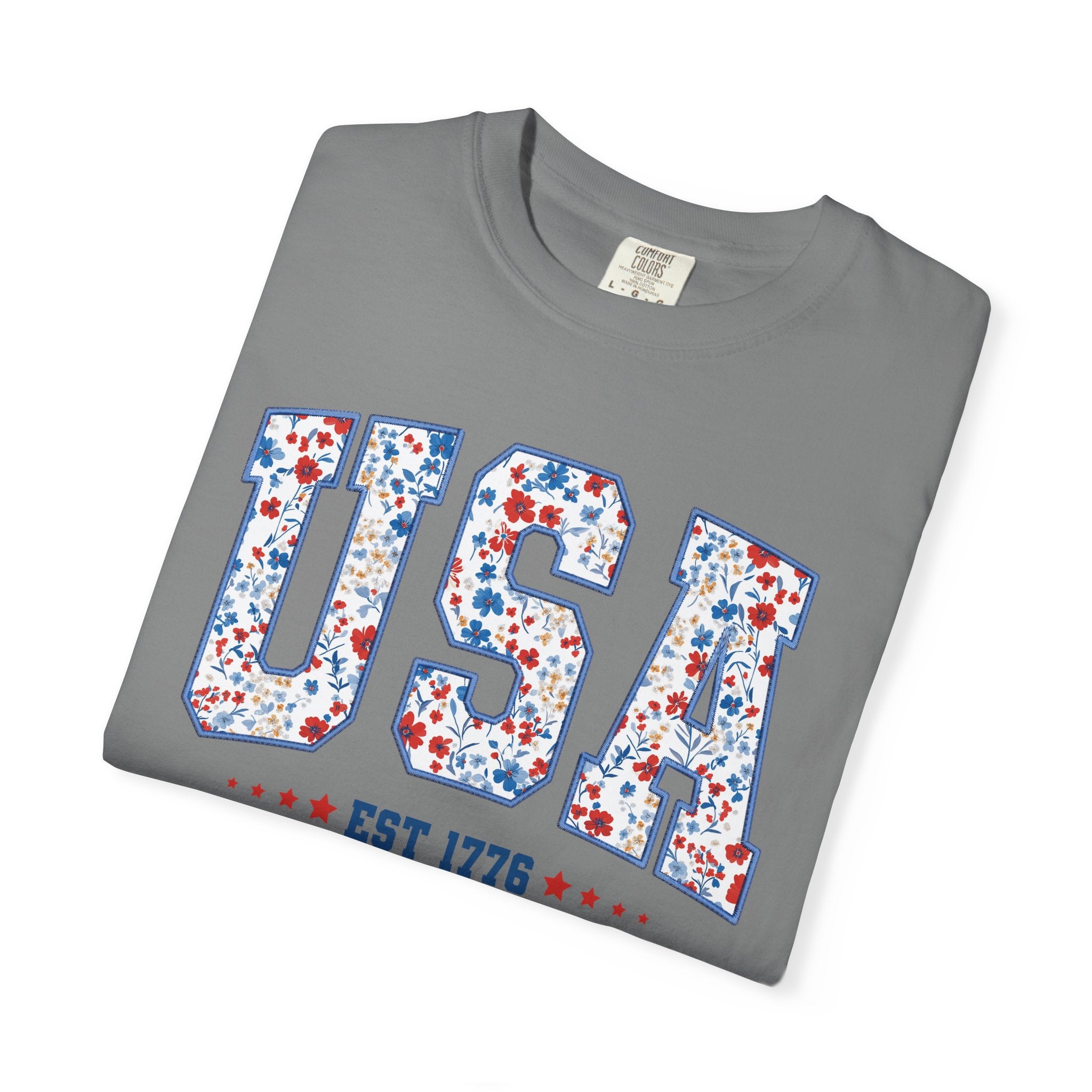 USA Floral Patriotic T-Shirt — EST 1776 Vintage Independence Day Tee