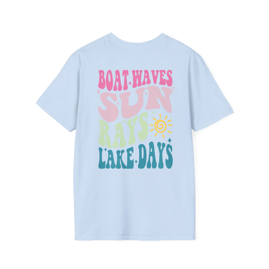 Lake Days on Gildan — Retro Sun, Boat & Waves Summer Tee