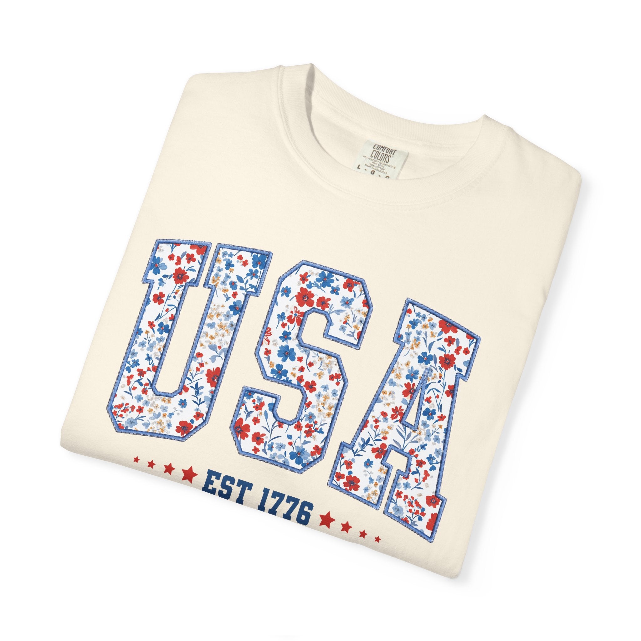 USA Floral Patriotic T-Shirt — EST 1776 Vintage Independence Day Tee