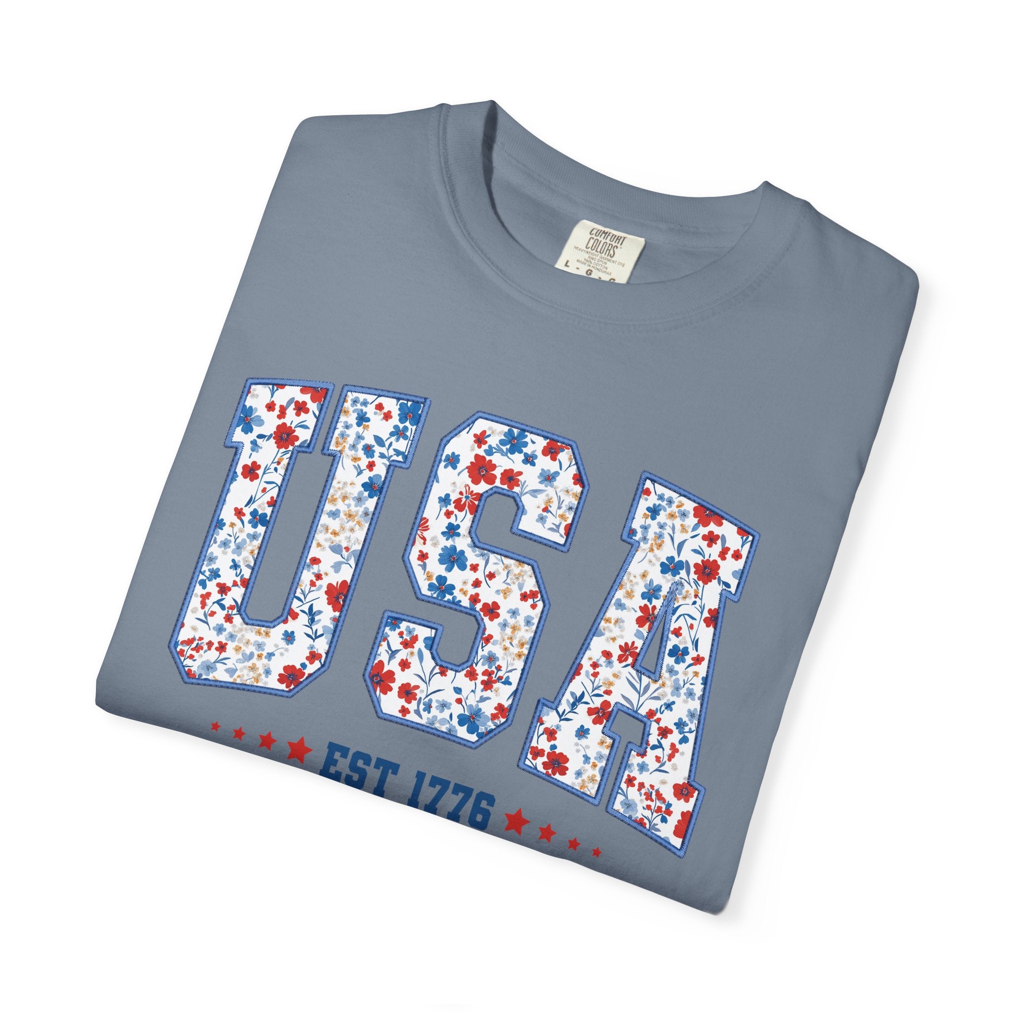 USA Floral Patriotic T-Shirt — EST 1776 Vintage Independence Day Tee