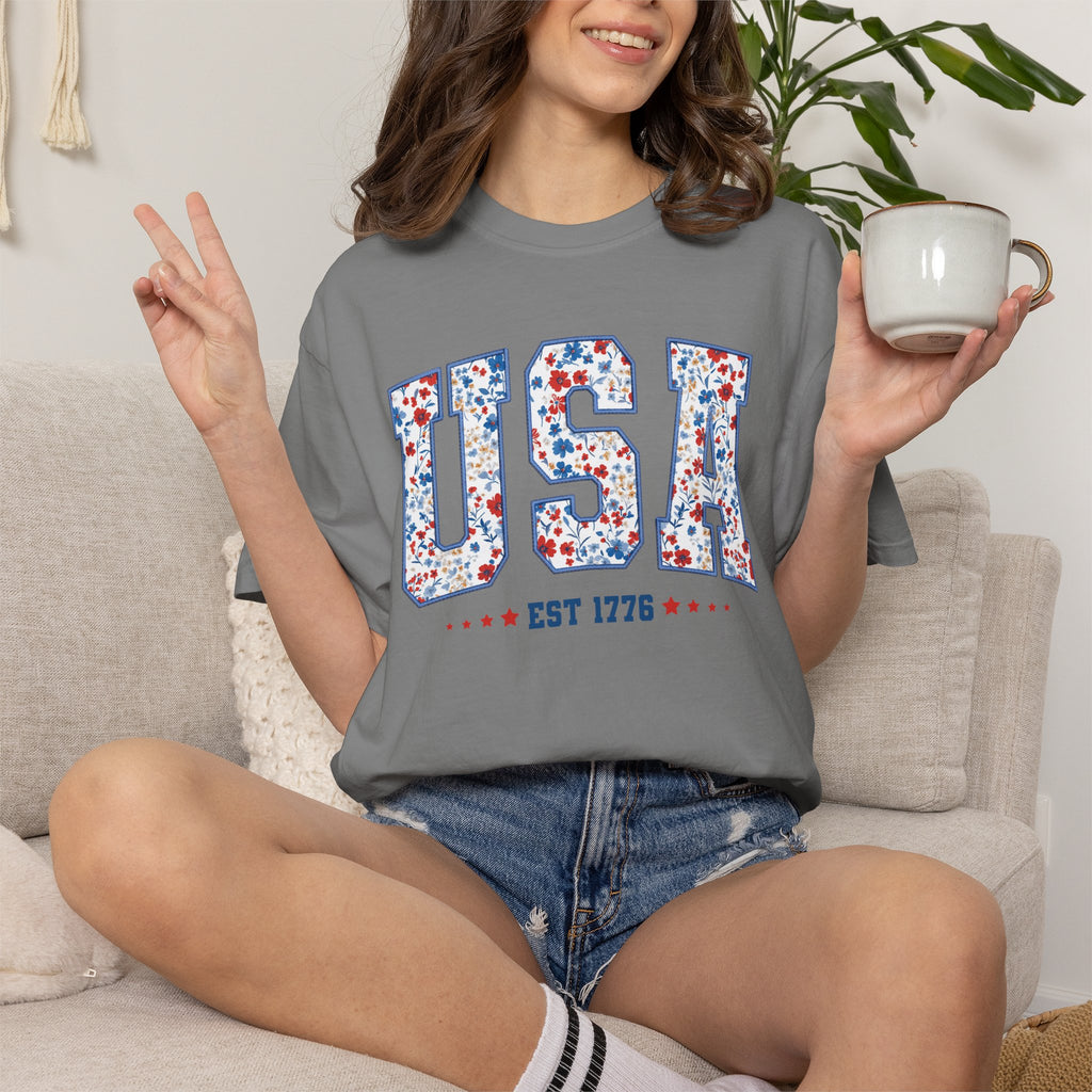USA Floral Patriotic T-Shirt — EST 1776 Vintage Independence Day Tee