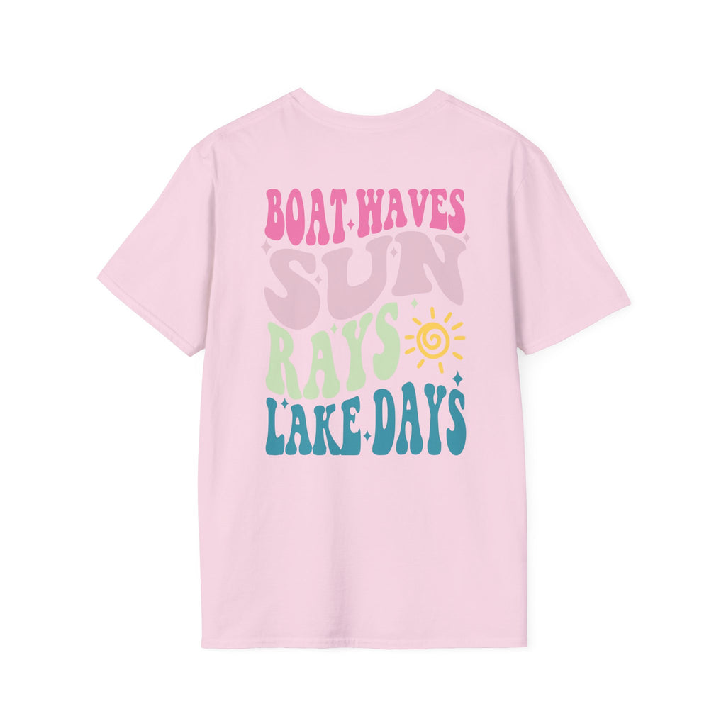 Lake Days on Gildan — Retro Sun, Boat & Waves Summer Tee