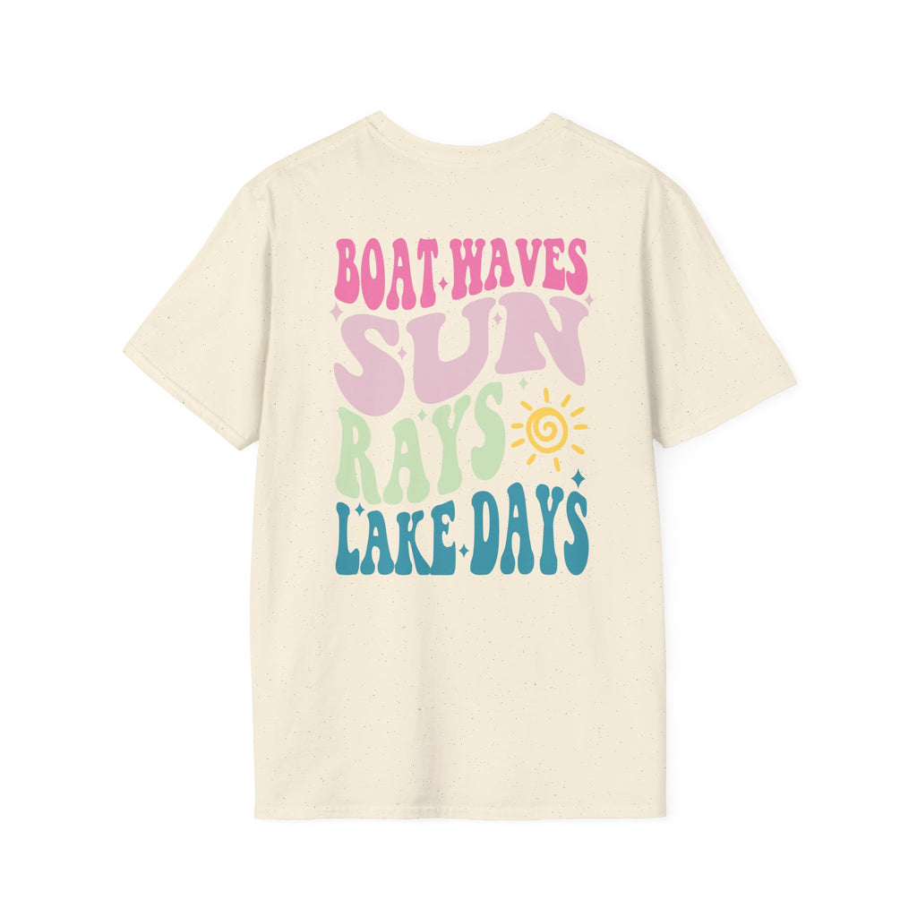 Lake Days on Gildan — Retro Sun, Boat & Waves Summer Tee