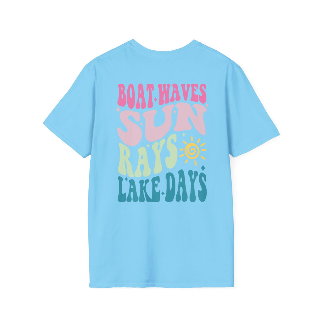 Lake Days on Gildan — Retro Sun, Boat & Waves Summer Tee