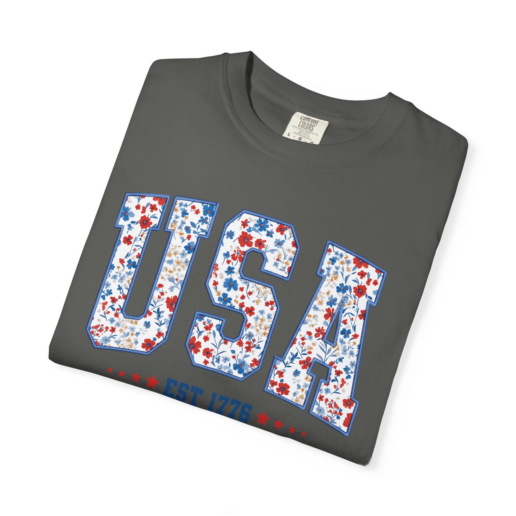 USA Floral Patriotic T-Shirt — EST 1776 Vintage Independence Day Tee