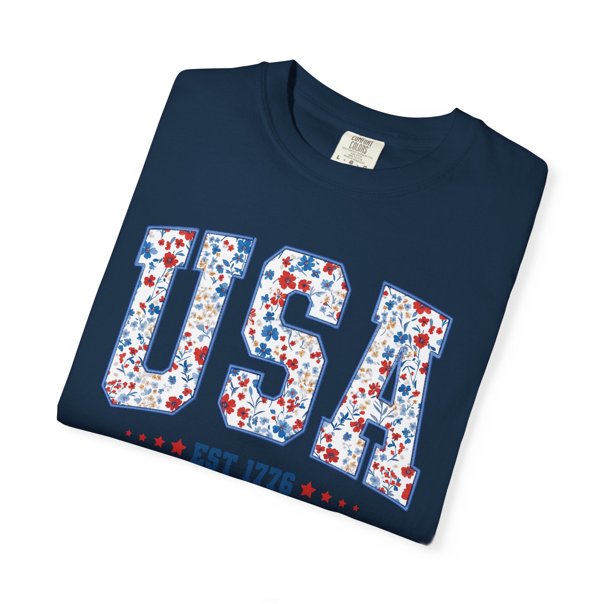 USA Floral Patriotic T-Shirt — EST 1776 Vintage Independence Day Tee