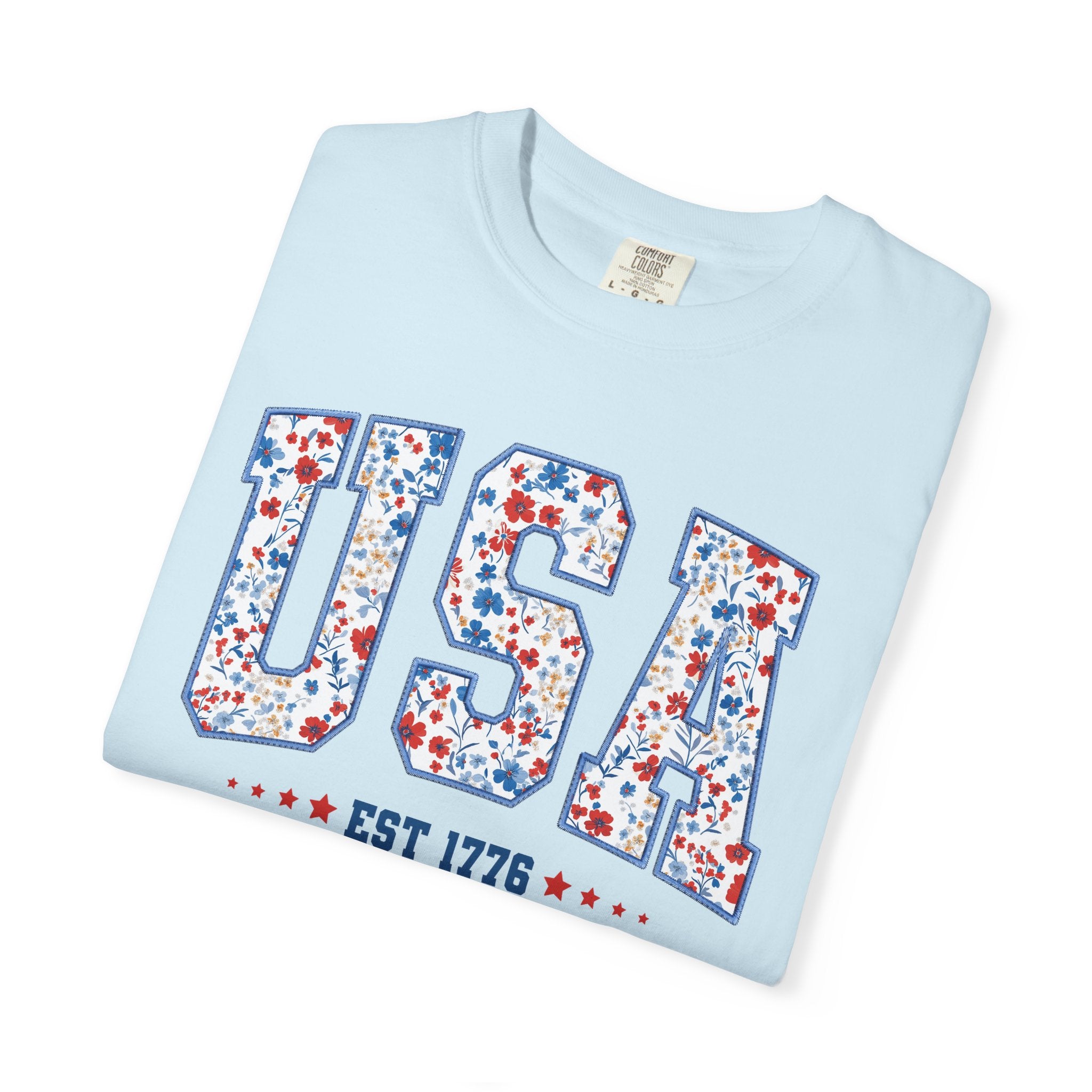 USA Floral Patriotic T-Shirt — EST 1776 Vintage Independence Day Tee
