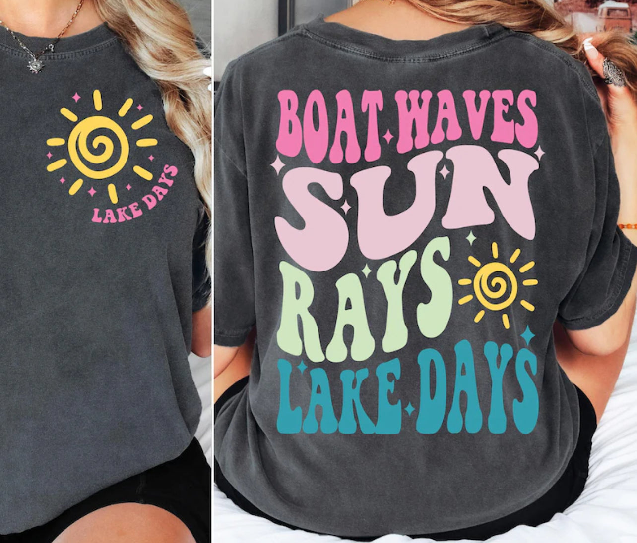 Lake Days on Gildan — Retro Sun, Boat & Waves Summer Tee