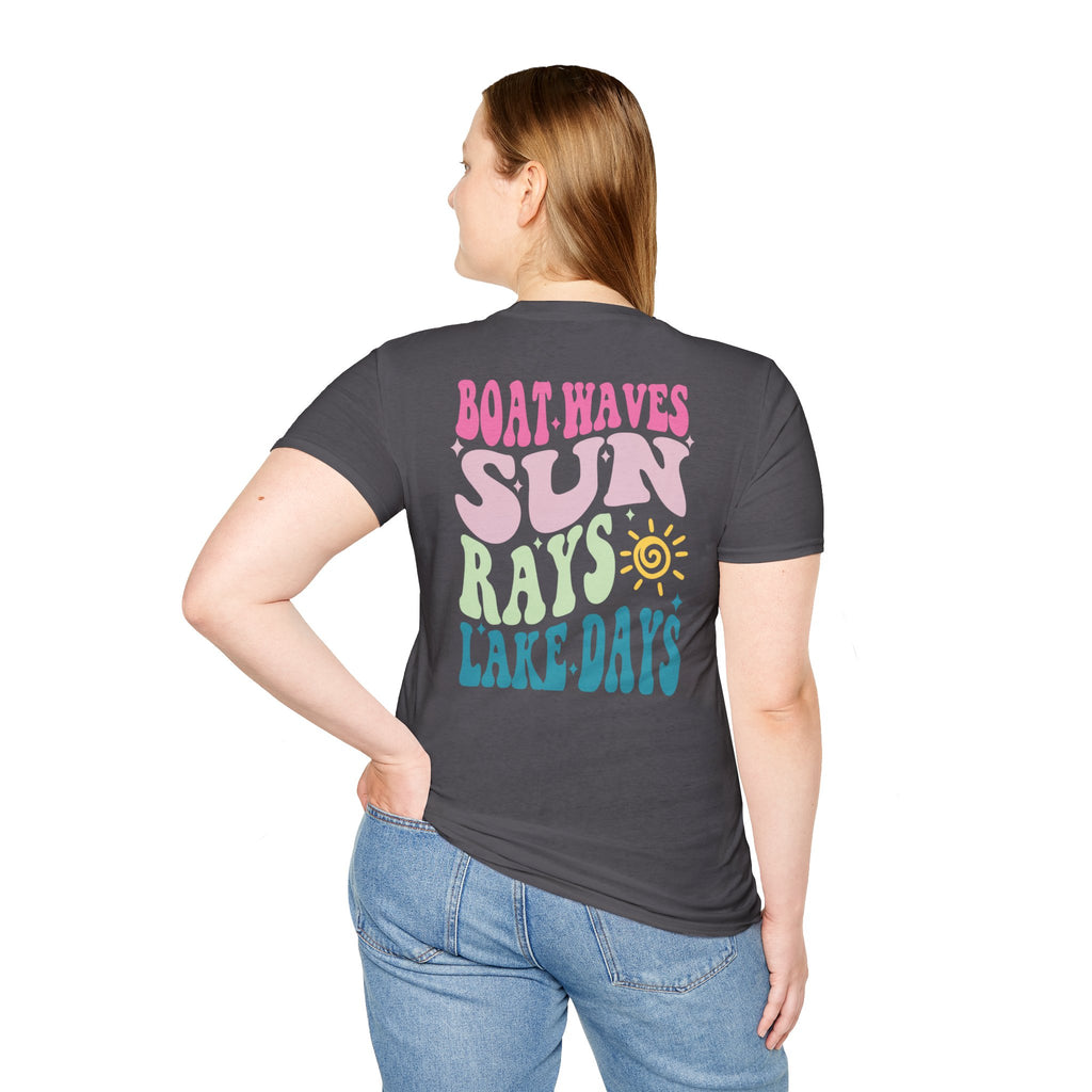 Lake Days on Gildan — Retro Sun, Boat & Waves Summer Tee
