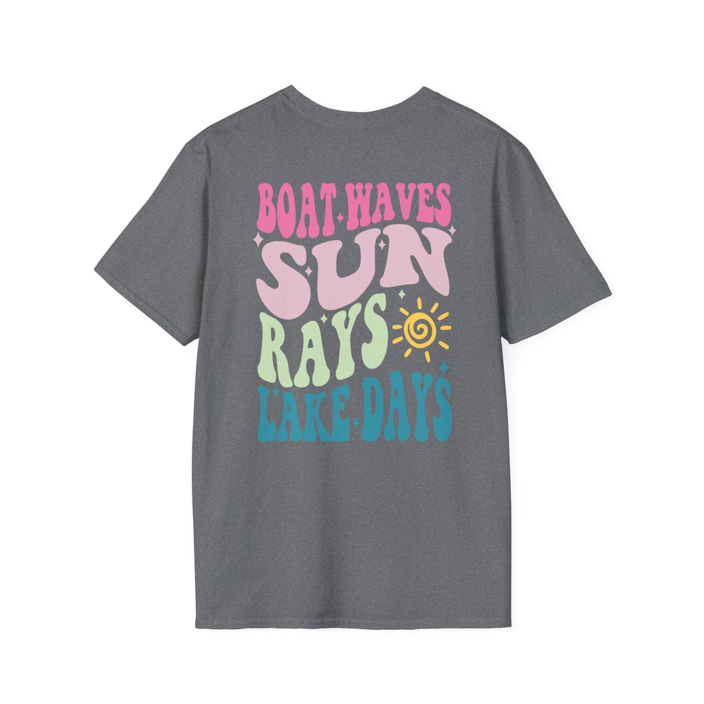 Lake Days on Gildan — Retro Sun, Boat & Waves Summer Tee