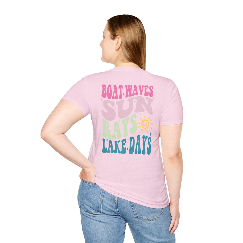 Lake Days on Gildan — Retro Sun, Boat & Waves Summer Tee