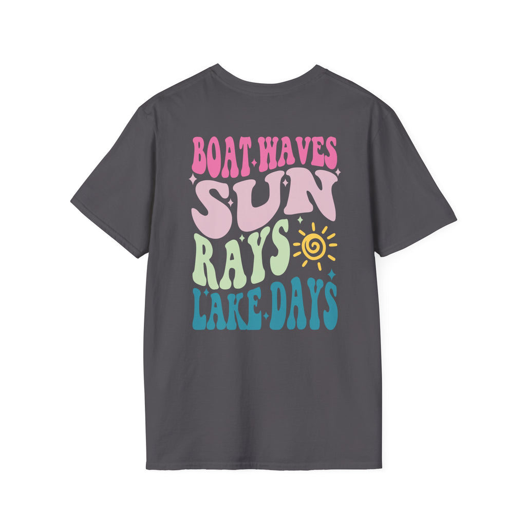 Lake Days on Gildan — Retro Sun, Boat & Waves Summer Tee
