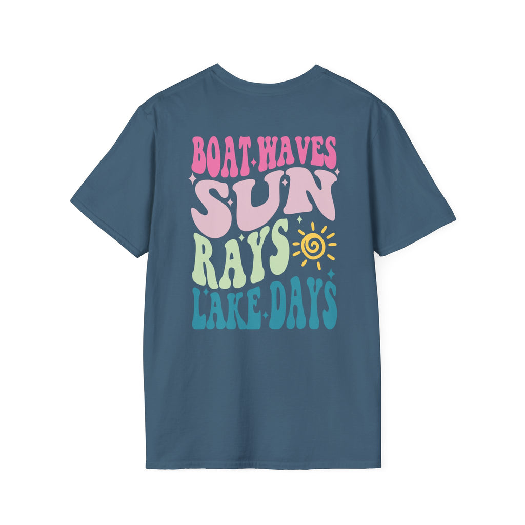 Lake Days on Gildan — Retro Sun, Boat & Waves Summer Tee